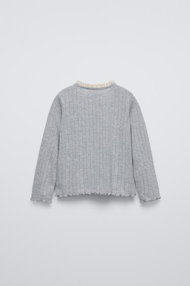 LACE-TRIMMED T-SHIRT WITH BOW - Grey marl by Zara - Image 1