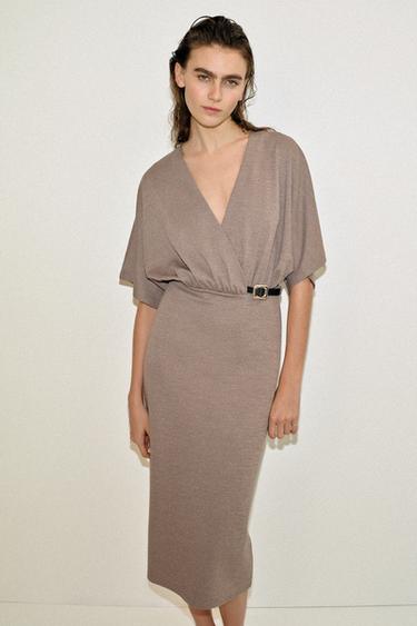 knee length dresses for ladies Zara Woman Gray V-Neck Pleated Midi Dress main image 0