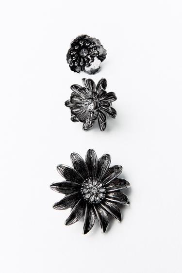 PACK OF 3 RHINESTONE FLOWER BROOCHES - Silver by Zara