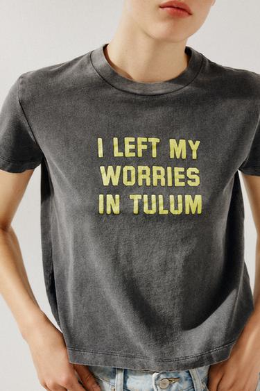 Zara 洗舊文字 T 恤 - 煤灰色