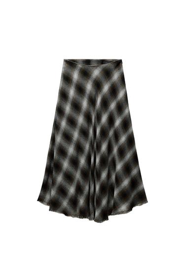 Front view of a skirt with a dark-toned check design.