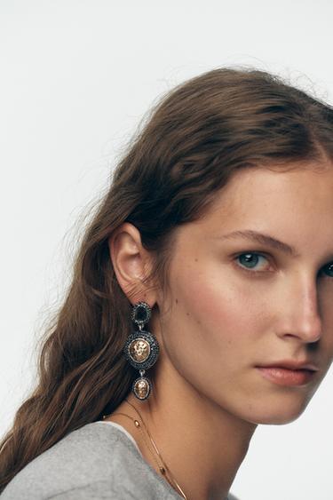 TEXTURED RHINESTONE TRIPLE EARRINGS - Gold / Silver by Zara