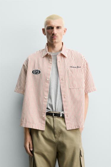 Zara CONTRAST STRIPED PATCH OVERSHIRT - Red
