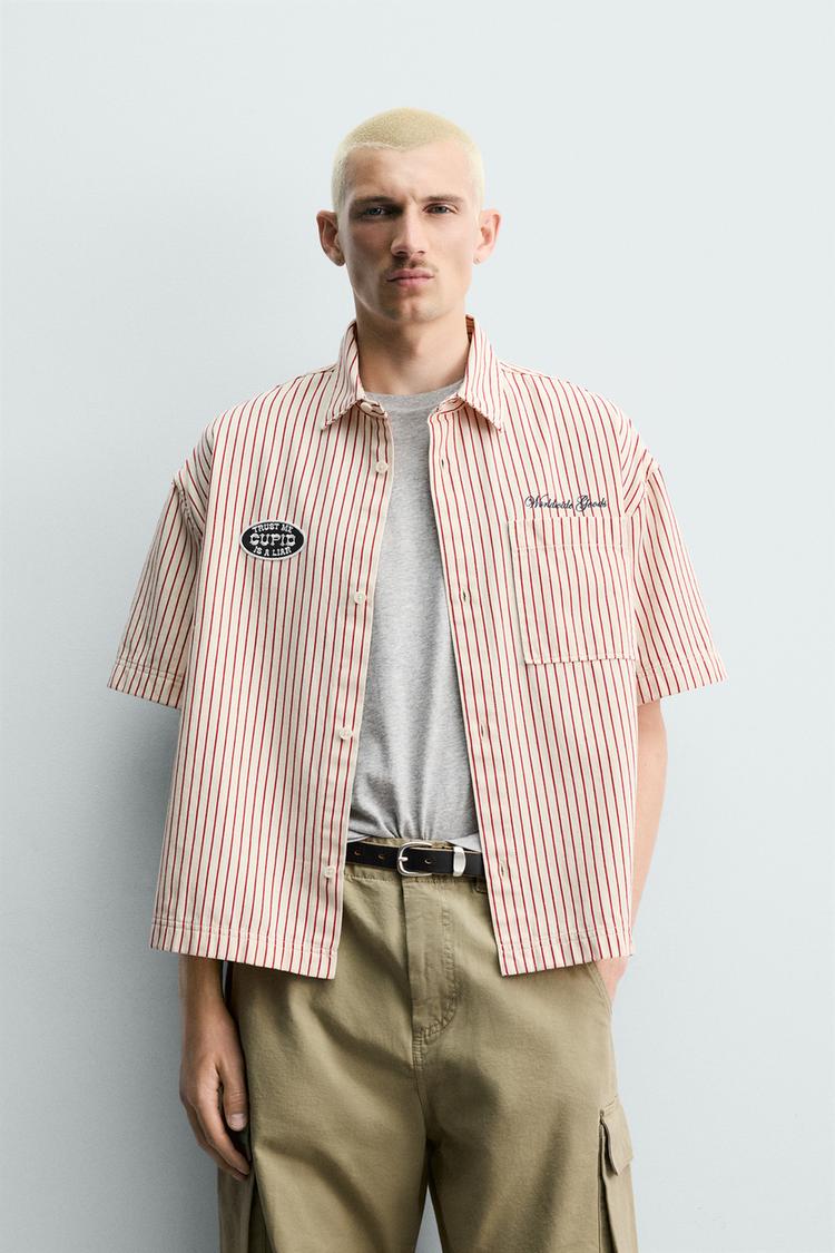 ZARA STRIPED OVERSHIRT WITH CONTRAST PATCH