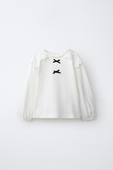CAMISETA LAZOS Y PUNTILLA - Blanco roto de Zara - Imagen 0