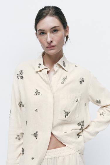 JEWELLED LINEN SHIRT - Oyster-white by Zara - Image 1
