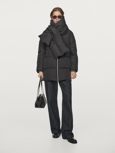 Zara Water-repellent puffer jacket with scarf detail - Black - Image 0