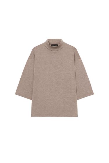 Zara PIQUÉ MOCK NECK T-SHIRT - Light brown