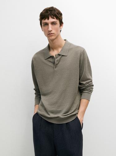 Zara 100% linen knit polo collar sweater - Light khaki