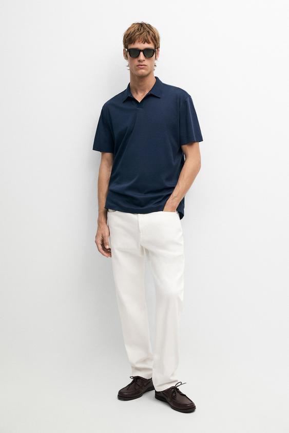 Polo en maille col en V 100 % coton - Beige de Zara - Image 0