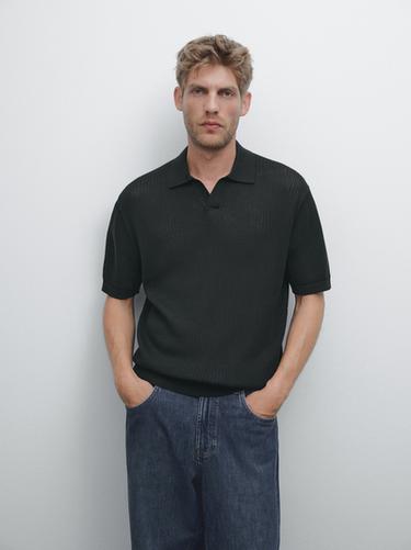 Zara Cutwork V-neck polo shirt - Navy blue