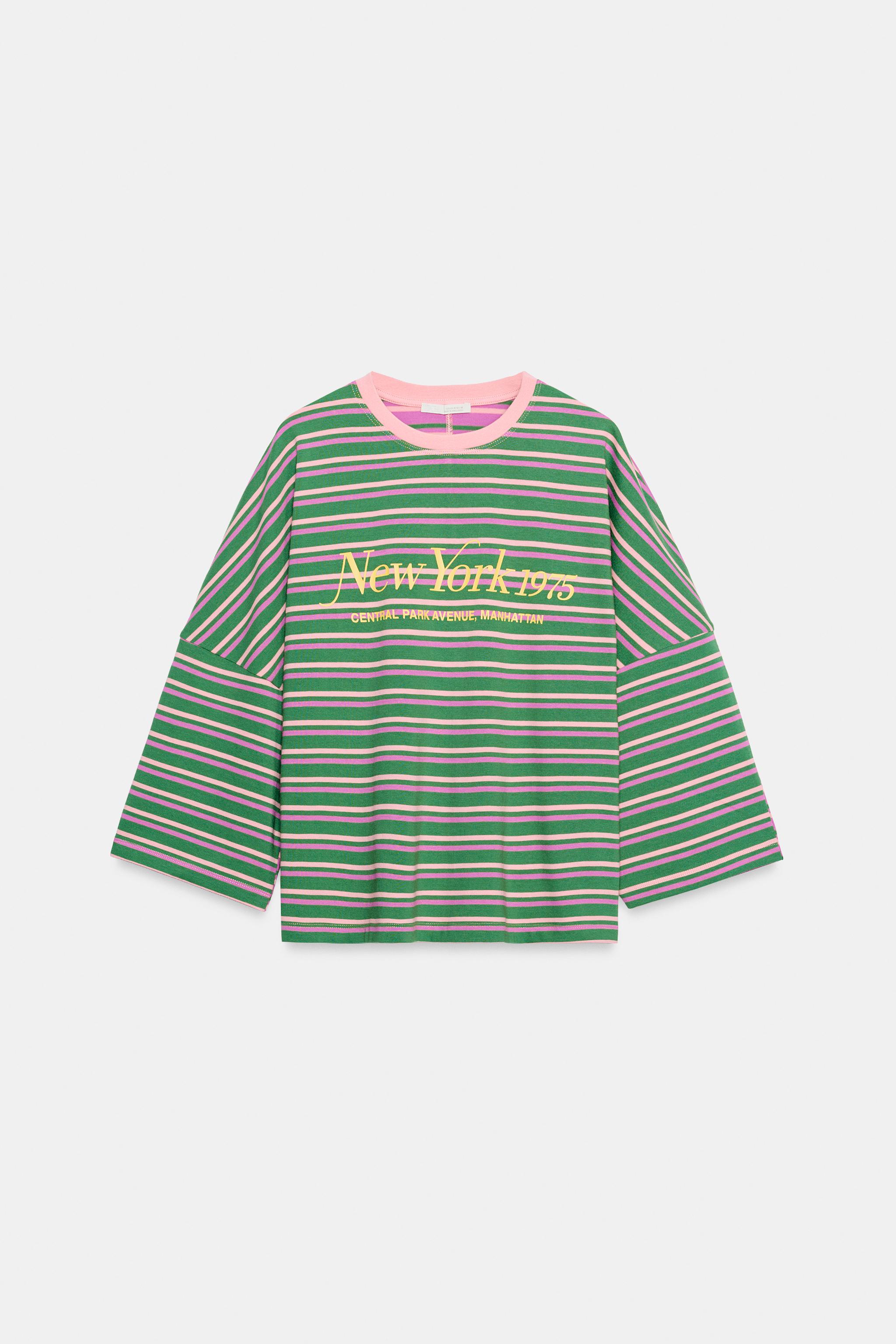 Женские футболки Zara STRIPED TEXT OVERSIZE T-SHIRT — фото 5
