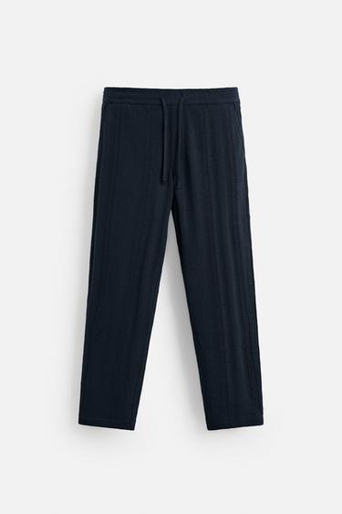 CALÇA COM TEXTURA LISTRADA - Azul-marinho da Zara