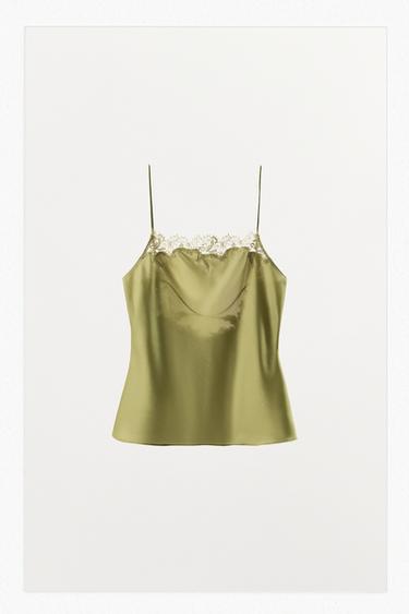 SATIN LACE-TRIMMED CAMISOLE TOP - Green by Zara
