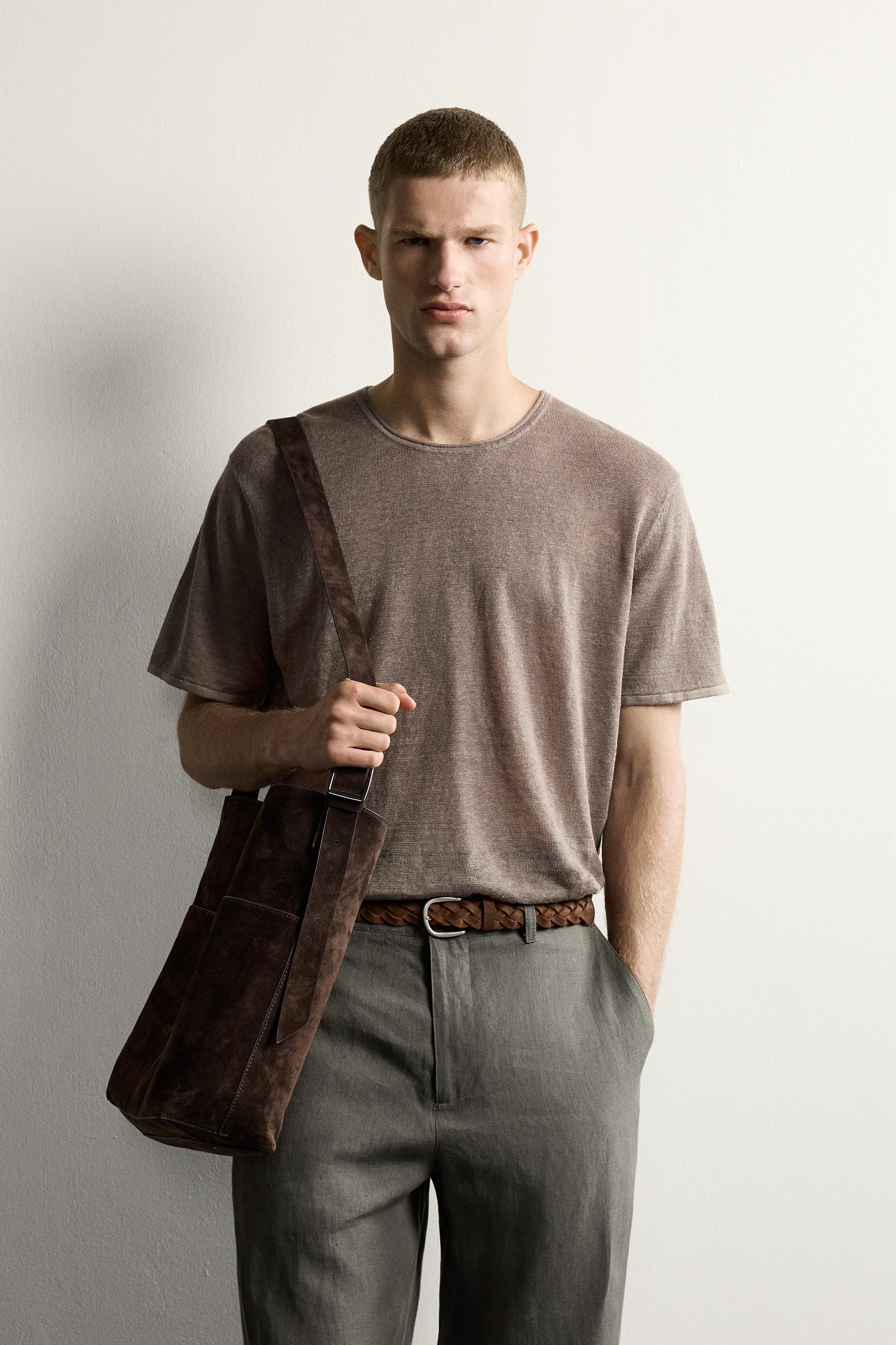 100% LINEN RELAXED FIT KNIT T-SHIRT — Brown / Taupe