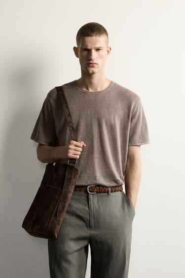 טי שירט סריג 100% פשתן בגזרת Relaxed fit - חום / חום־אפור של Zara