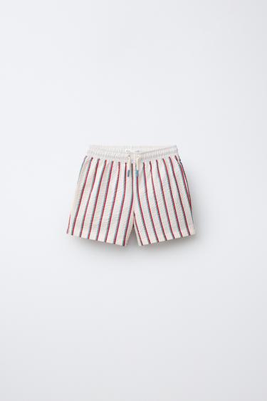 Zara 6-14 YEARS/ TEXTURED STRIPE SWIM SHORTS - Ecru / Green
