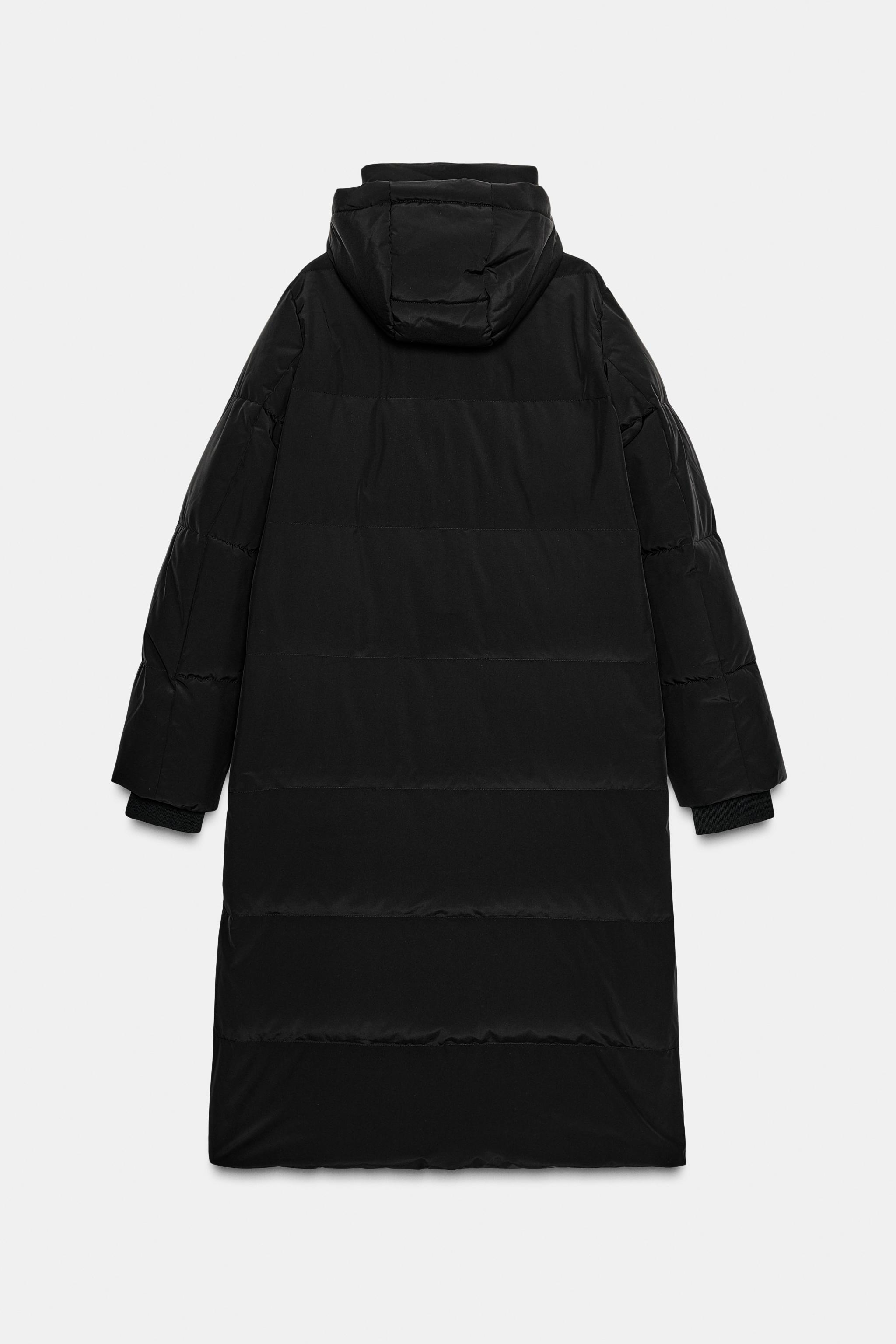 ZARA フード付きロングダウンジャケット 黒 ロング丈撥水防風フード付きダウンジャケット - ブラック | ZARA