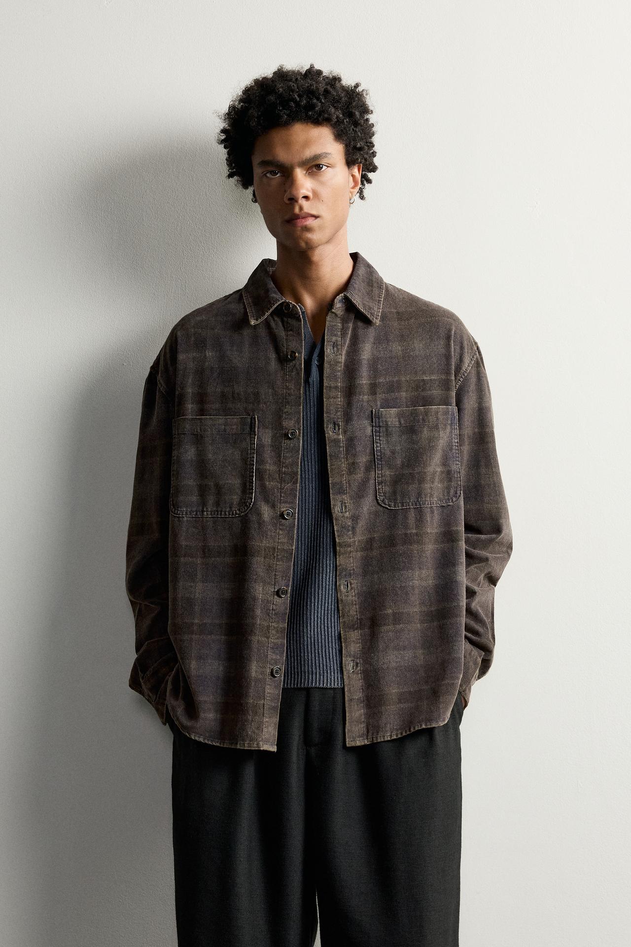 WASHED PLAID CORDUROY SHIRT — Dark purple