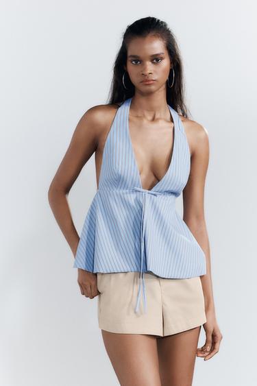TOP HALTER LAZO - Azul / Blanco de Zara