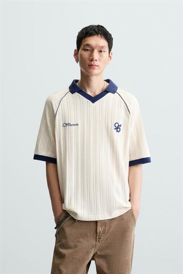 Zara EMBROIDERED JACQUARD POLO SHIRT - Oyster-white