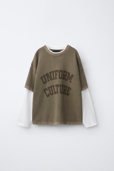 CAMISETA MANGA DUPLA COM ESTAMPA DE TEXTO - Bege-claro da Zara - Imagem 0