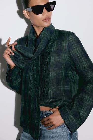 BLUSA ESTAMPADA XADREZ BABADO LAÇO ZW COLLECTION - Verdes da Zara