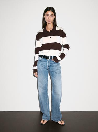 Zara Striped knit sweater with polo collar - Chocolate