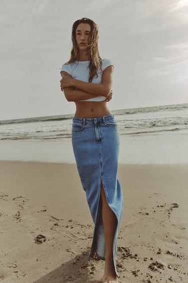 Zara Z1975 DENIM MIDI SKIRT WITH SLIT - Mid-blue