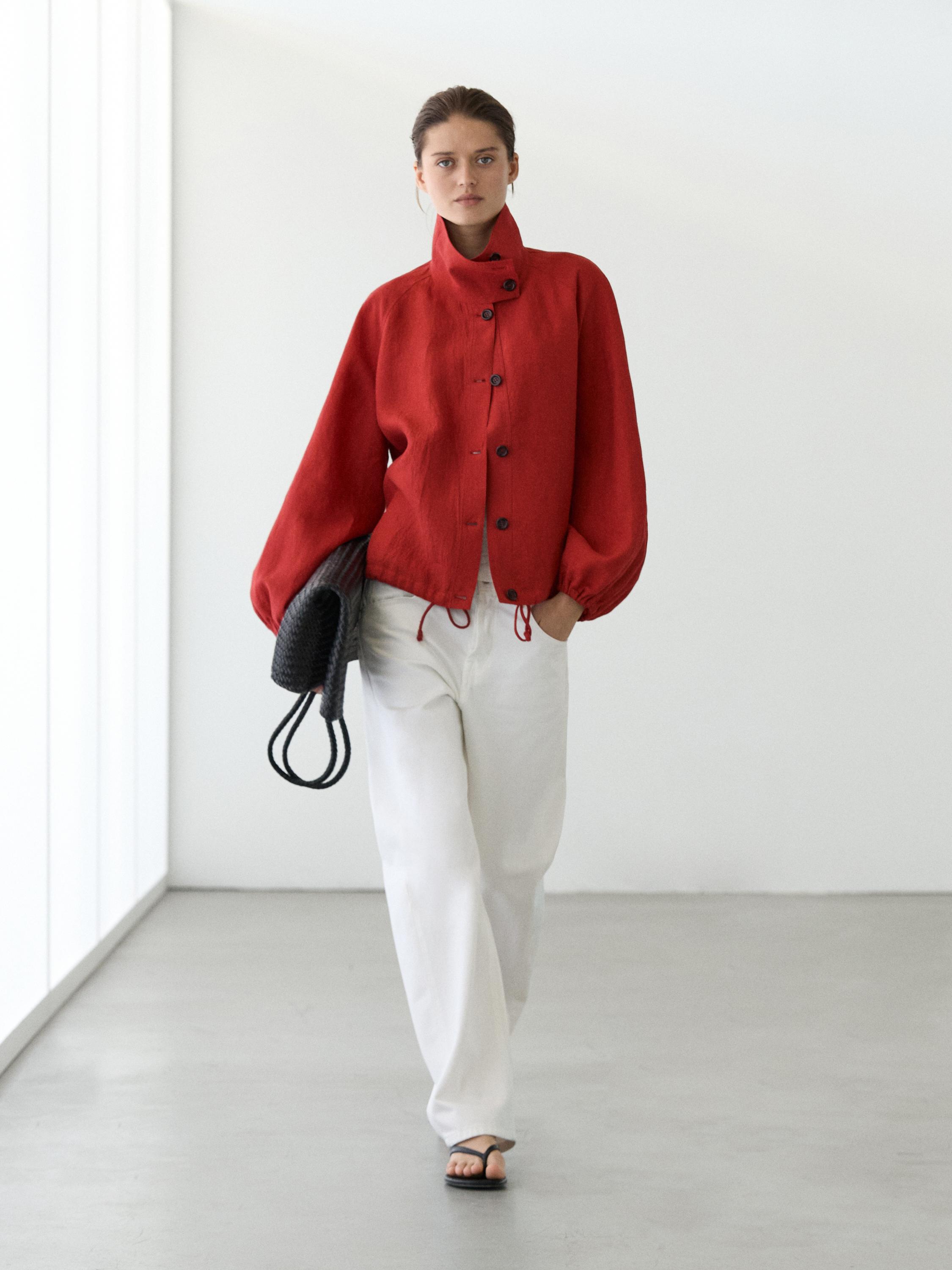 Linen puff bomber jacket