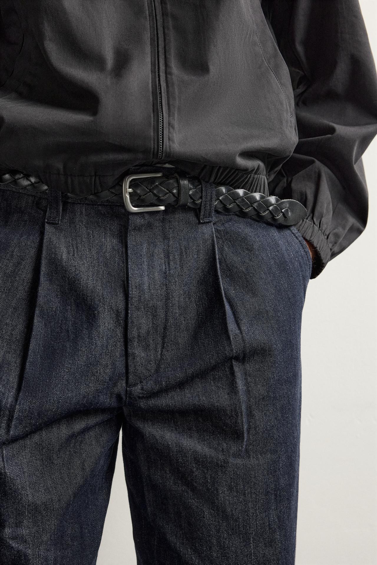 PLEATED DENIM CHINO TROUSERS — Indigo