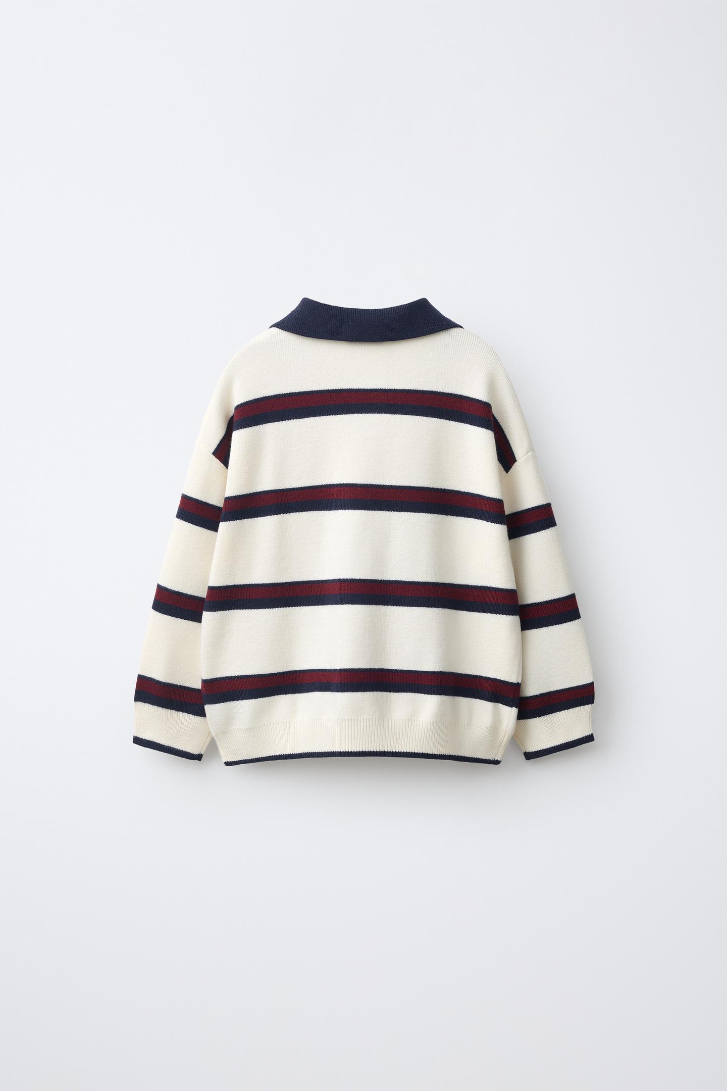 Детский свитер Zara Embroidered Striped Polo Knit, цвет: Экрю / Тёмно-синий — фото 2