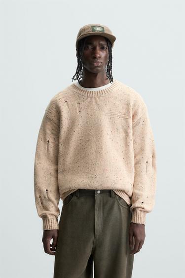 Zara HEATHERED RIPPED EFFECT SWEATER - Sand