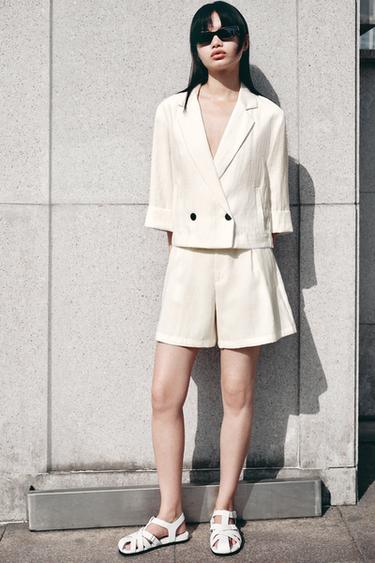 Zara 短版雙排扣西裝外套 - 白色