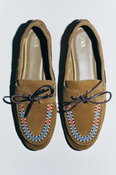 EMBROIDERED SPLIT SUEDE LOAFERS - Khaki Green by Zara - Image 1
