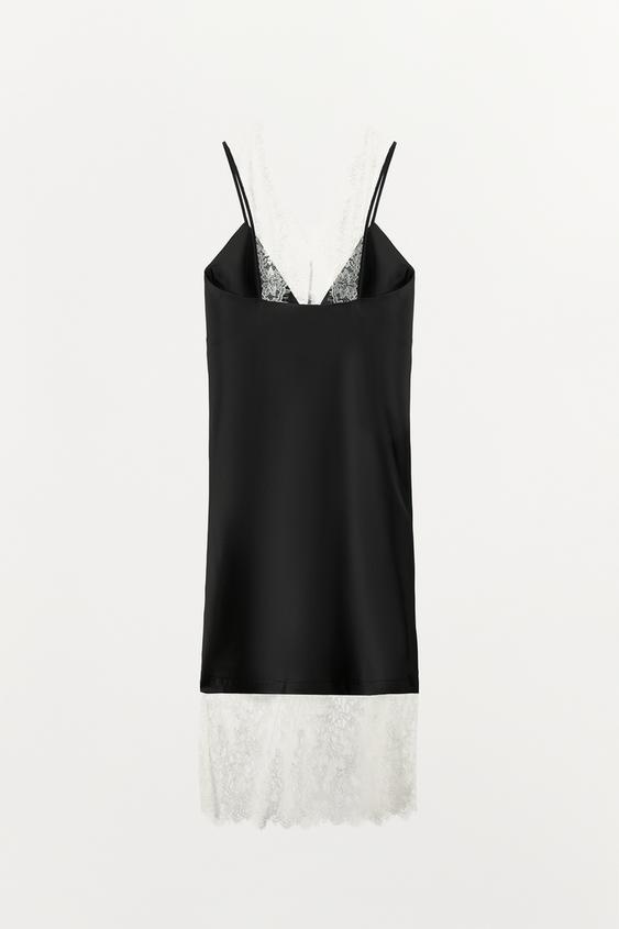 zara contrast fabric lace dress SATIN DRESS WITH CONTRAST LACE - Black