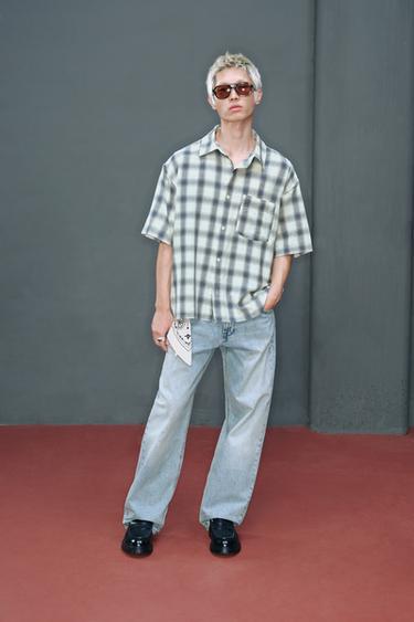 Zara 格紋紋理襯衫 - 藍色 / 白色