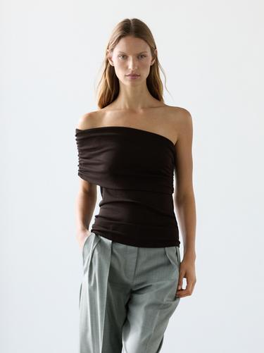 Zara Asymmetric top with draped neckline - Brown