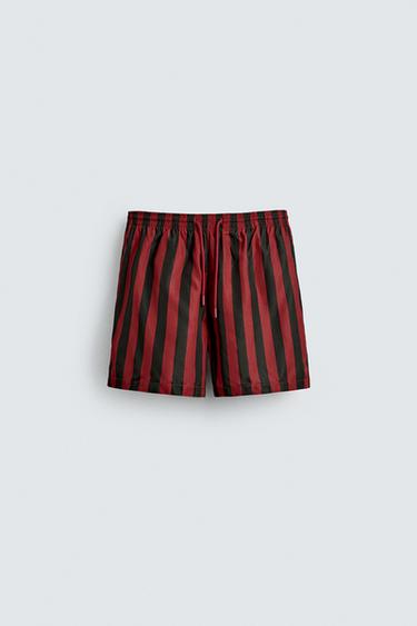 Zara STRIPED MID-LENGTH SWIM SHORTS - Red