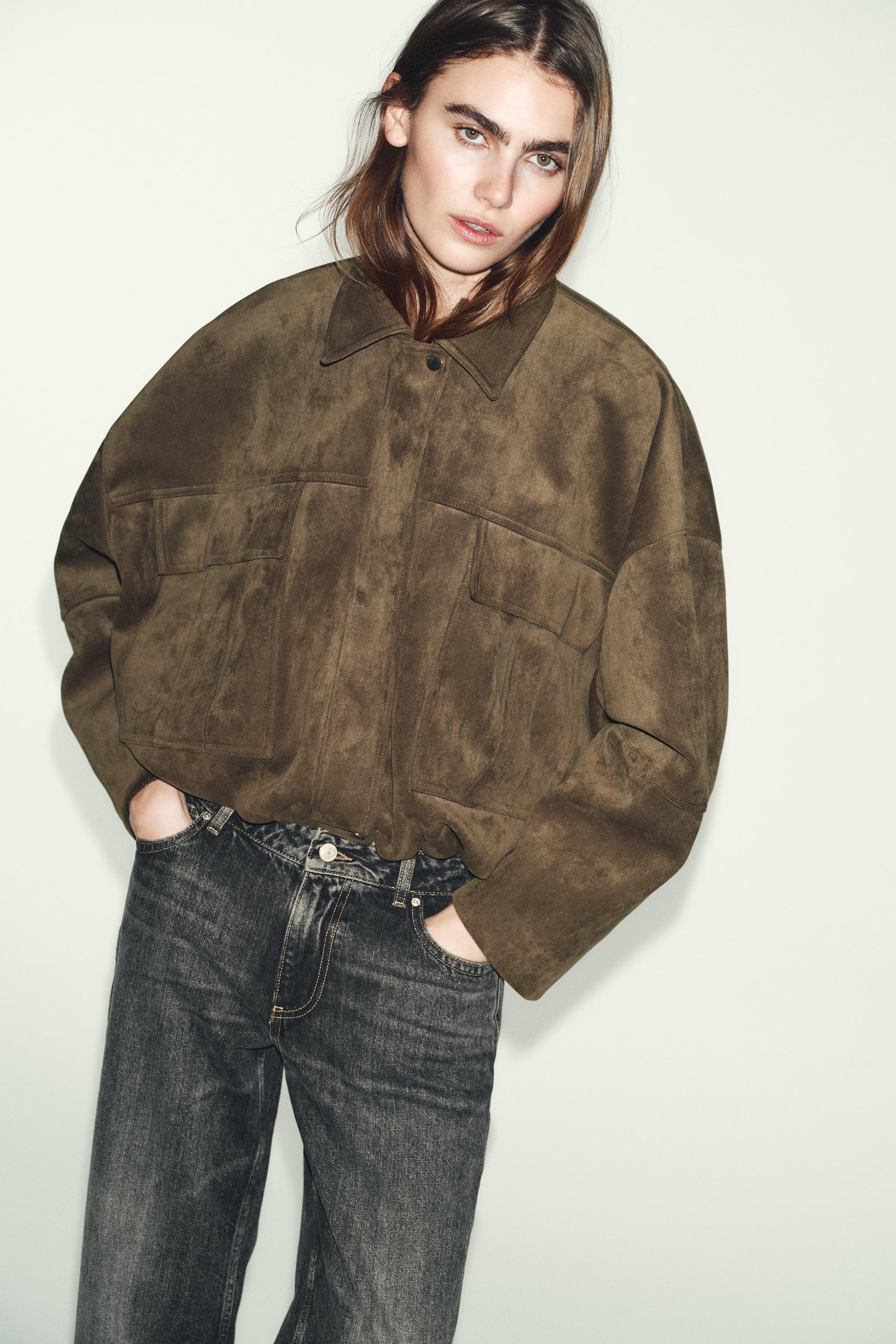 OVERSIZE FAUX SUEDE BOMBER JACKET WITH HOODIE - Khaki | ZARA Singapore