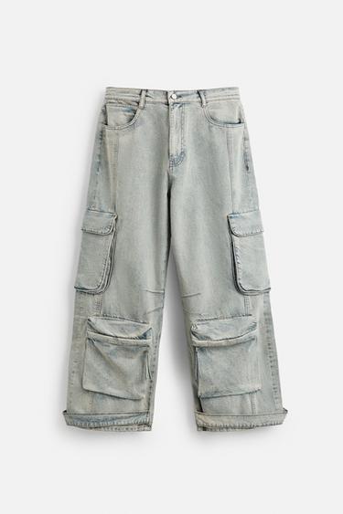 Zara CARGO DENIM PANTS WITH POCKETS - Blue - Image 0