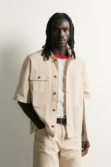 CONTRAST COLLAR SHORT SLEEVE OVERSHIRT - Ecru by Zara