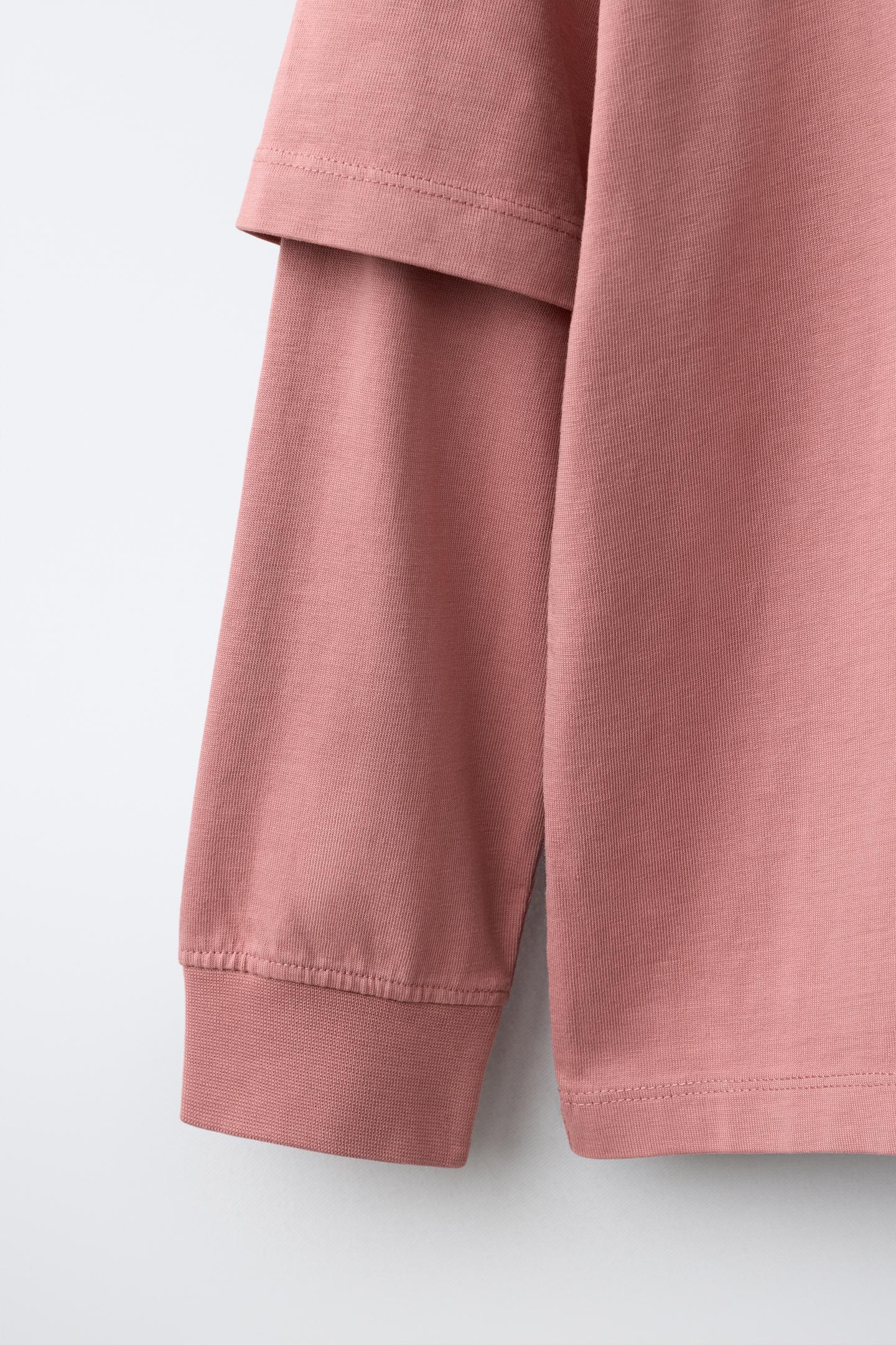 Детская футболка Zara Embroidered Logo Layered Sleeve, цвет: Розовый — фото 4