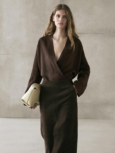 Zara Flowing loose-fitting linen wrap blouse - Brown