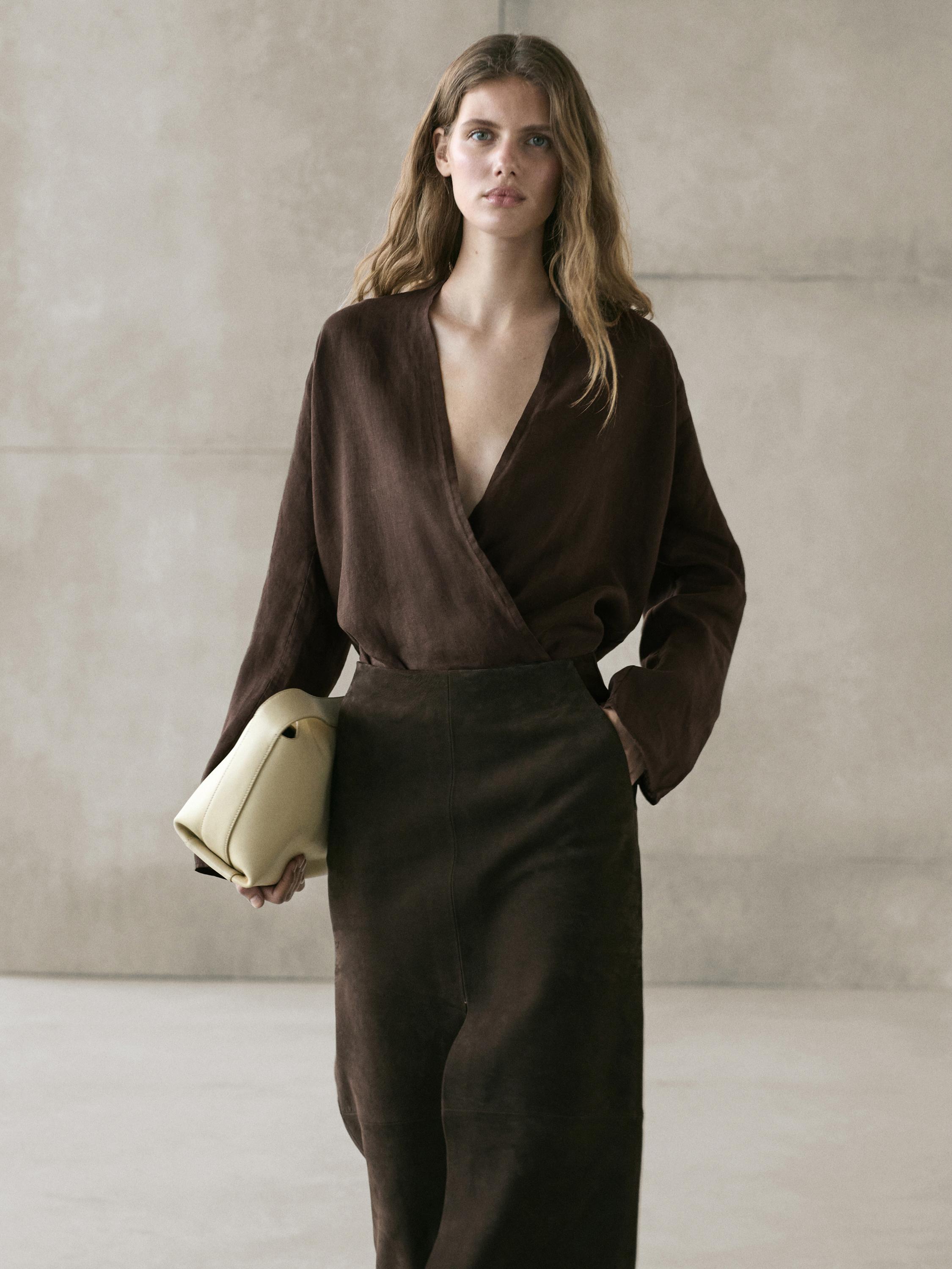Flowing loose-fitting linen wrap blouse