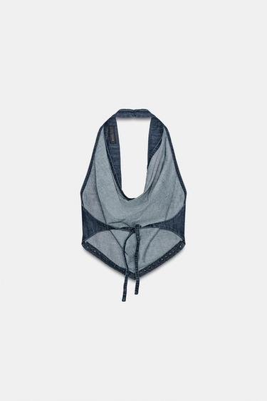 TOP HALTER CLOUTÉ DOS NU - Bleu de Zara - Image 5