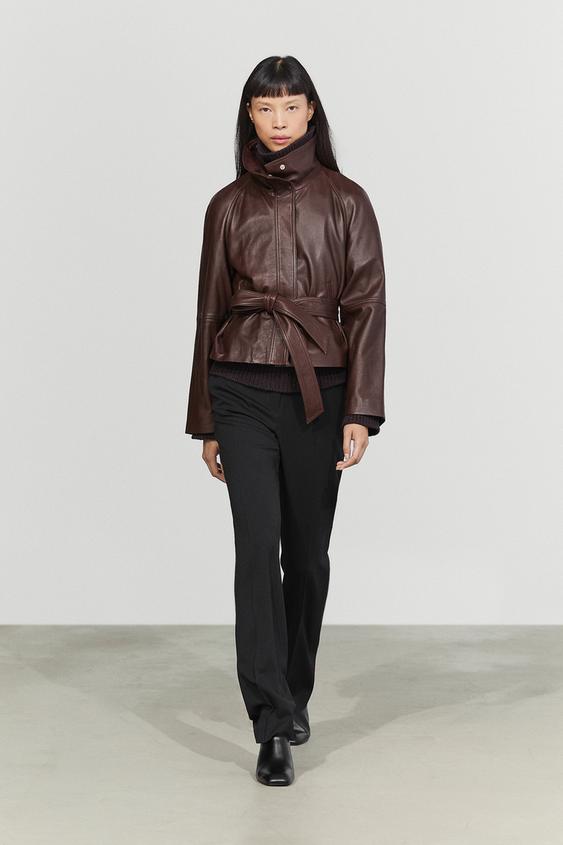 Zara Cropped Nappa leather jacket with belt - Brown - Image 0