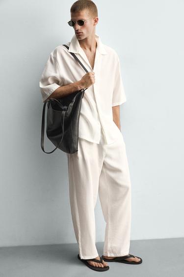 Zara 側邊打褶飄逸長褲 - 磨白色