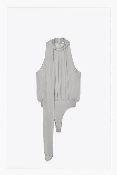 Zara TIED CHIFFON BODYSUIT - Pearl gray
