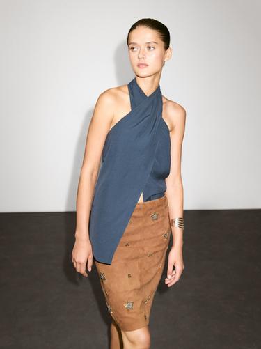 Zara Suede leather skirt with rhinestone detail - Dark mink